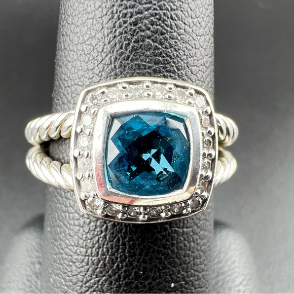 David Yurman Sterling Silver 925 Petite Albian Blue Topaz & Diamond Rope Ring - Picture 1 of 10